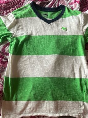Old Navy Green & White Striped Short-Sleeve Tee with Navy V-Neck Trim